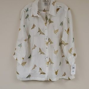 NWT blouse, 2X, cream, butterfly pattern